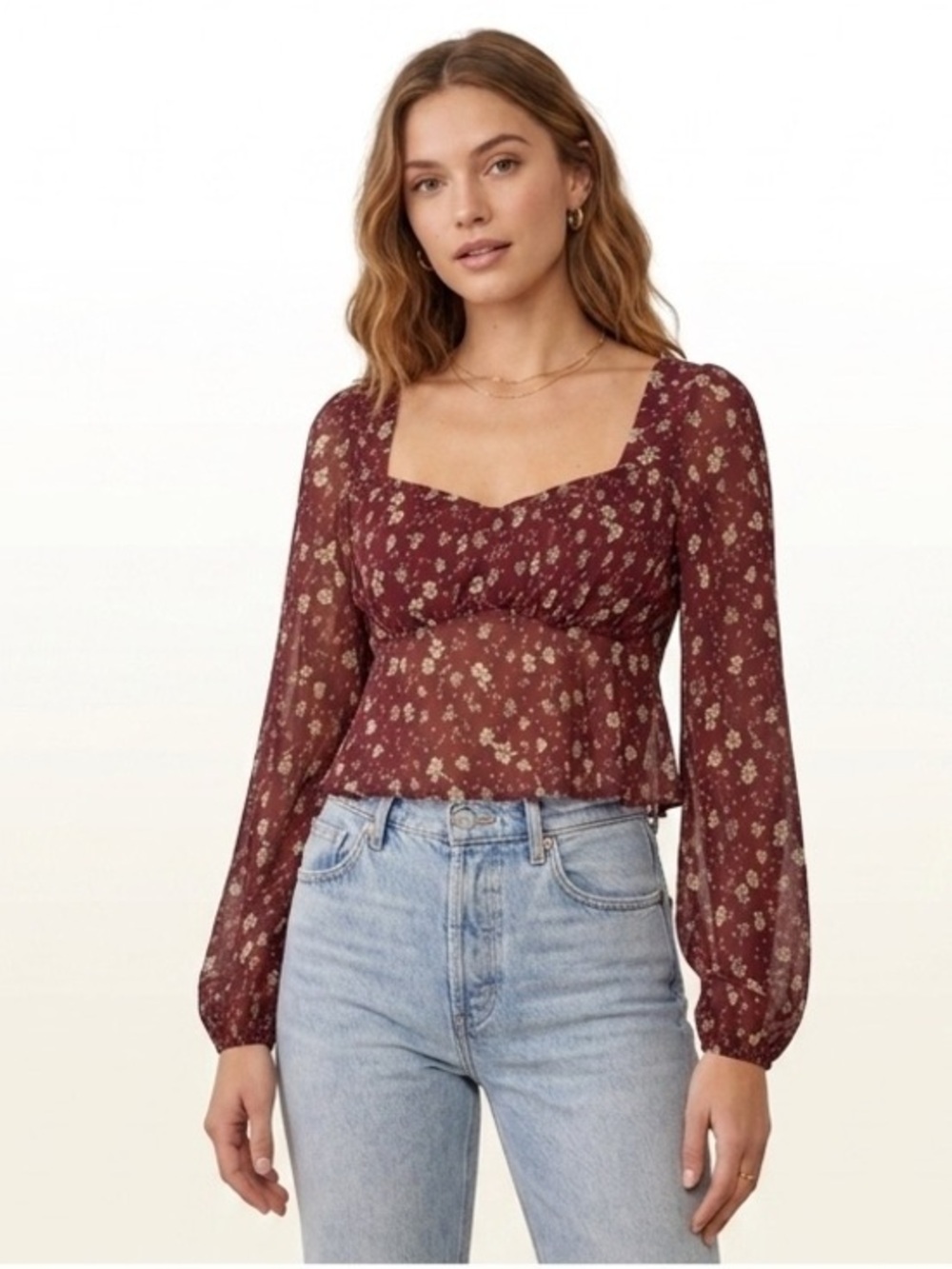 Floral Burgundy Red Print Long Sleeve Semi Sheer Lower Bodice Top Size Medium
